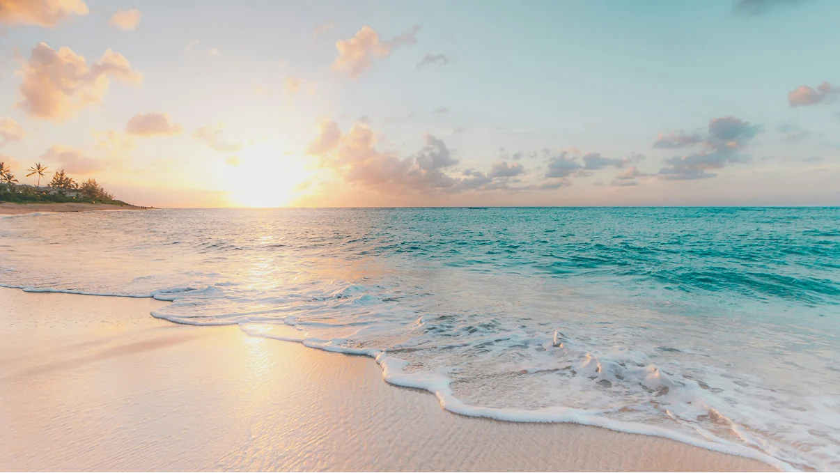 Sunlit Caribbean shoreline with waves washing onto the sand