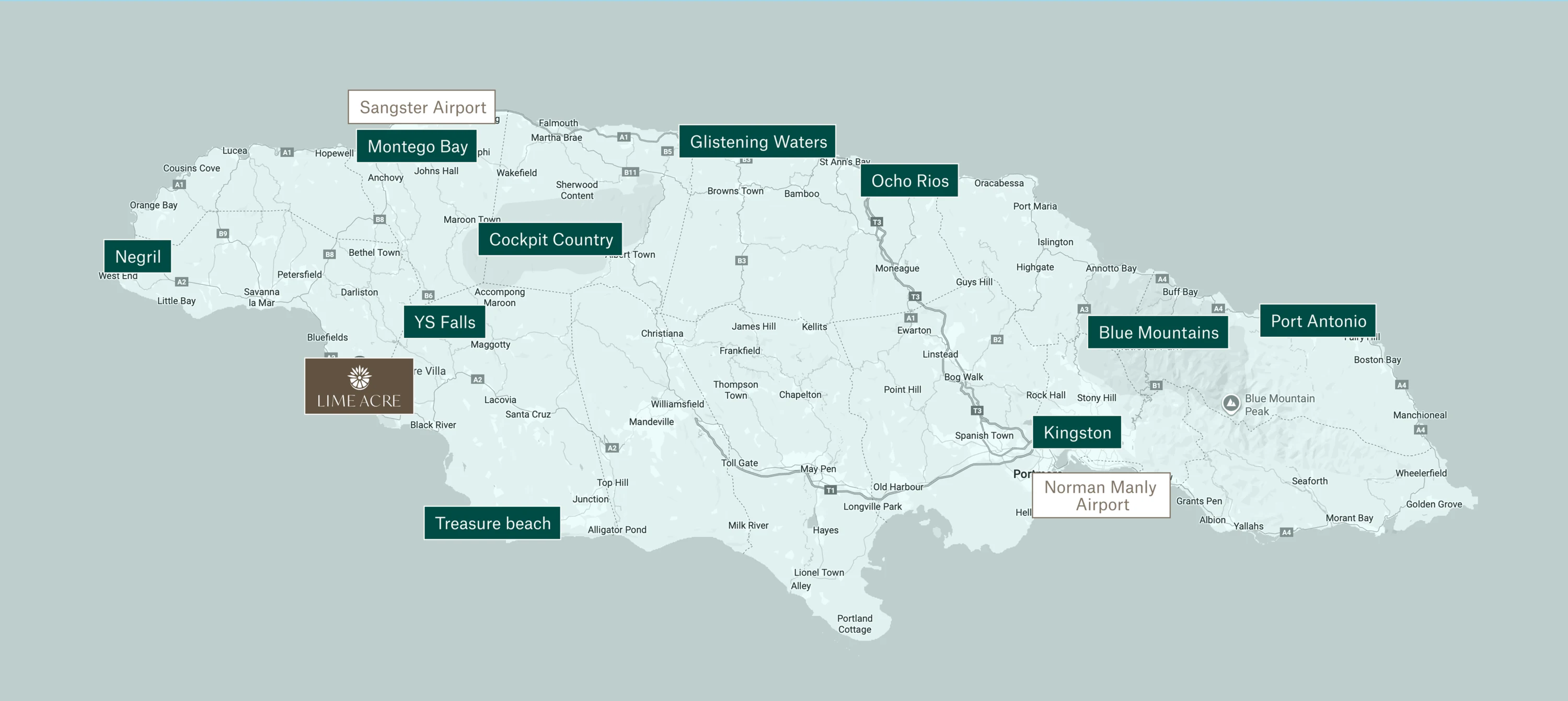 Map of Jamaica showing key destinations and airports